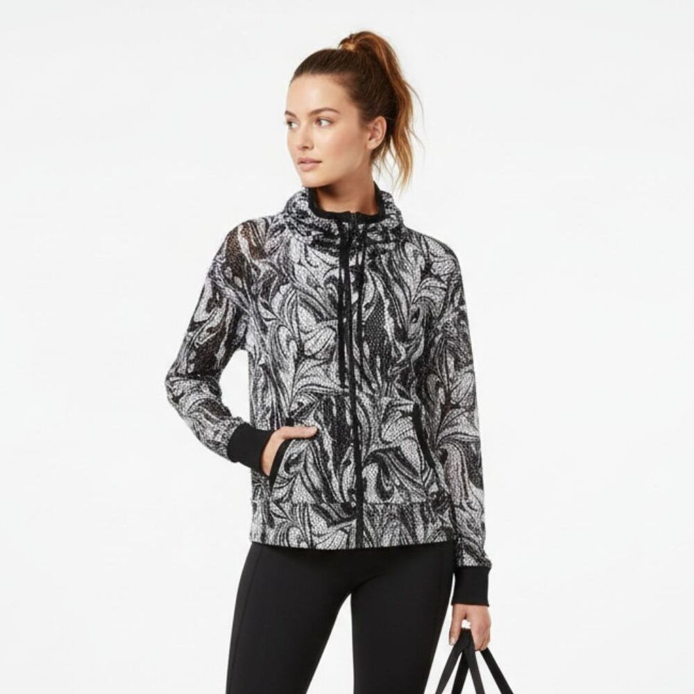 Victoria Sport Black & White Sheer Netted Long Sleeve Hoody Top XS